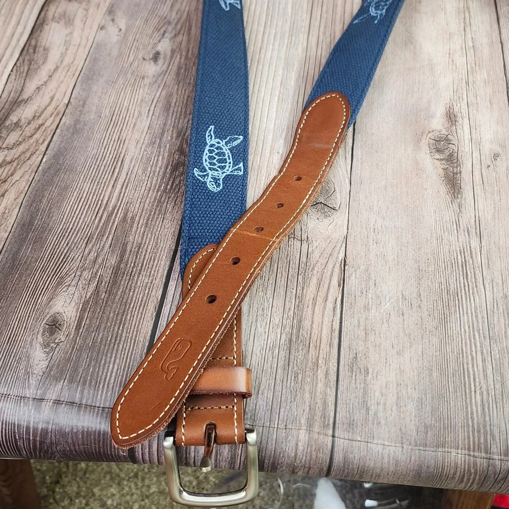 Vineyard Vines Mens Navy Blue Sea Turtle Canvas Leather Club Belt Size 40 Preppy